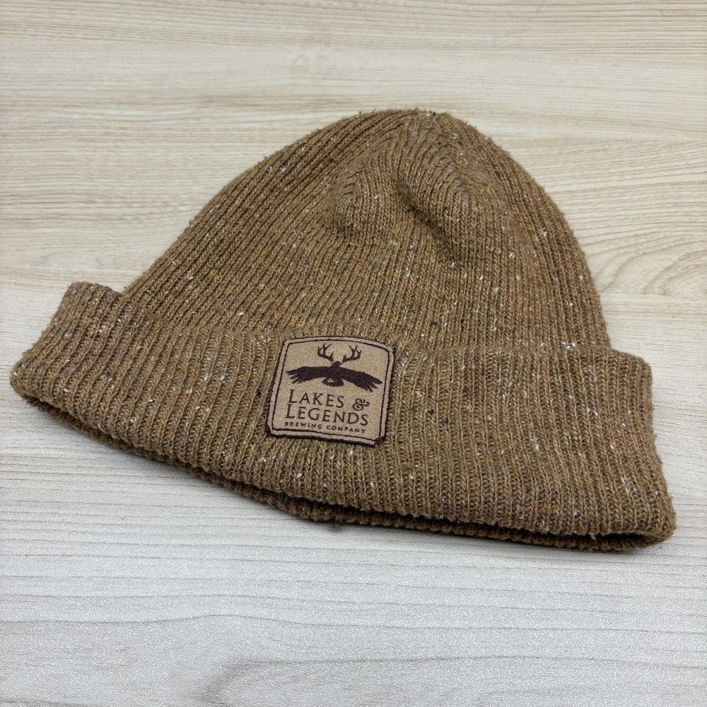 Lakes & Legends Hat Beanie Cuffed Knit Speckled Brown Brewery Patch Mens Winter